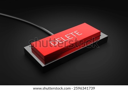 Red delete button connected with black cable on a dark background representing data removal and digital erasure. 3D render