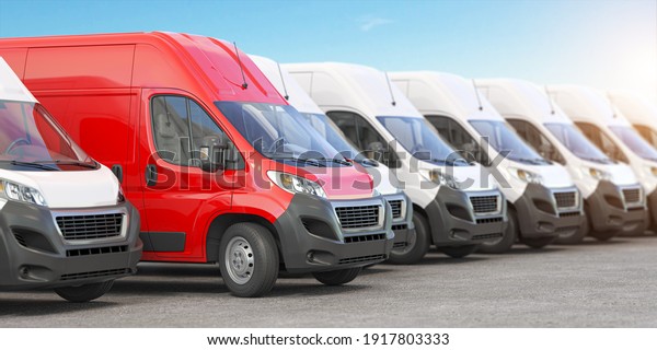 Red delivery van
in a row of white vans. Best express delivery and shipemt service
concept. 3d
illustration