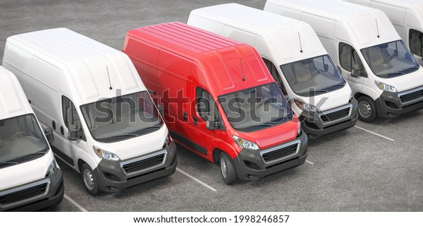 Red delivery van\
in a row of white vans. Best express delivery and shipemt service\
concept. 3d\
illustration