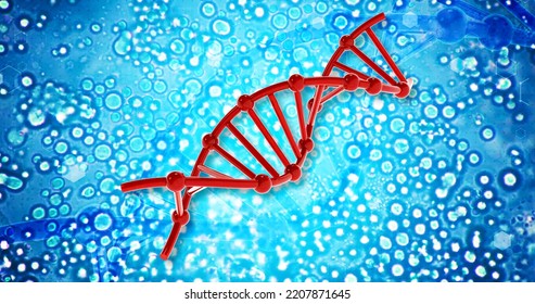 Red Deoxyribonucleic Acid Molecule,  Double Helix Of A Virus, Human Genome. Medical Research, Genetic Engineering, Biology. Abstract Background, 3D Render Of DNA Molecule