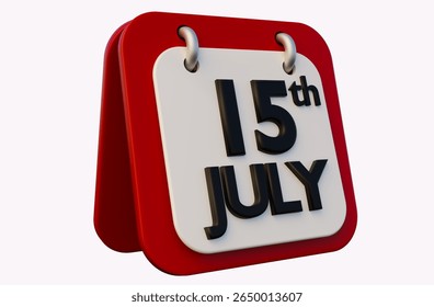 Red desk calendar July 15 is suitable for event planning, scheduling, time management, organization and productivity concepts in design projects. Turkish language July 15. 3D rendering