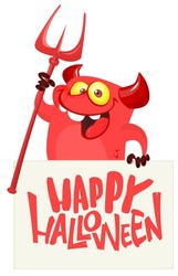 Red Devil Hand Holding White Sheet And Trident. 
Satan Holds And Signboard. Halloween Party Illustration