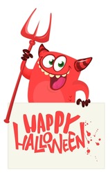 Red Devil Hand Holding White Sheet And Trident. 
Satan Holds And Signboard. Halloween Party Illustration