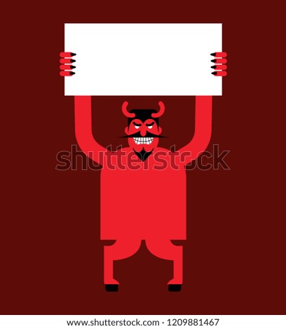 Red devil hand holding white sheet. Satan holds and signboard