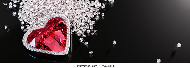 A red diamond or a large ruby in the shape of a heart, a symbol of love or Valentine's Day. A red diamond is placed on a pile of small diamonds. On the black reflection. 3D Rendering.