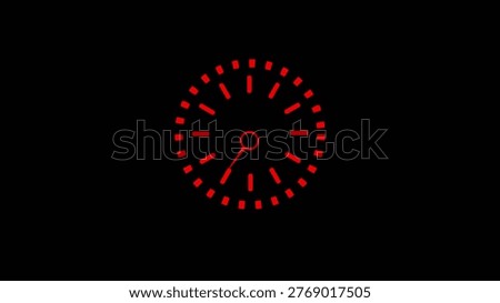 Red digital clock with blocky hour markers and a single minute hand set against a black background Clear details and vibrant colors enhance visual appeal.