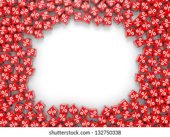Red discount cubes and empty space. 3D illustration.