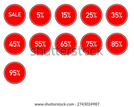 Red discount labels set – vector sale stickers from 5% to 95% off for special offers and promotions