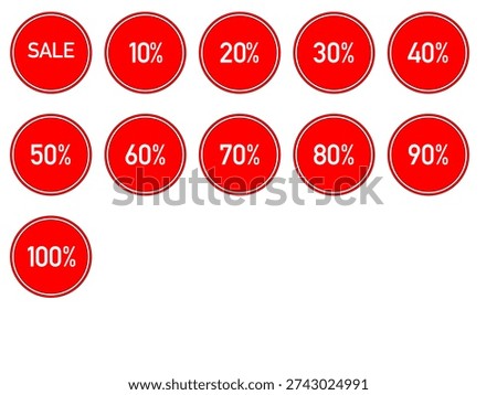Red discount labels set – vector sale stickers from 10% to 100% off for special offers and promotions