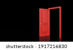 Red door open entrance in black background room. Minimal concept idea creative. Choice, business and success concept. Illustration for welcome, invitation to enter or new opportunity. 3D render
