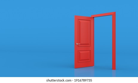 Red Door Open Entrance In Blue Background Room. Minimal Concept Idea Creative. Choice, Business And Success Concept. Concept Illustration For Welcome, Invitation To Enter Or New Opportunity. 3D Render