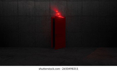 Red door slightly ajar in a dark gray concrete room, illuminated by a red light above, inviting curiosity and evoking a sense of mystery and suspense in the atmosphere