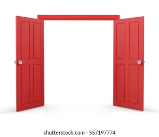 Red Double Door Open On White Background 3d  Rendering 