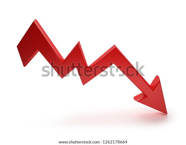 Red down arrow on white background\
- downward chart on the forex and stock exchange dropping, failure,\
degradation and decline - 3d rendering\
illustration