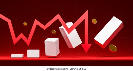 Red downward trend graph with white falling blocks and coins on a dark red background. Concept of financial loss. 3D Rendering