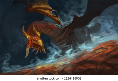 Red dragon with blue magic swirling - Digital fantasy painting