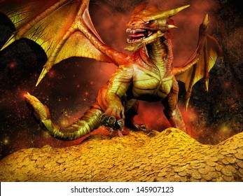 Red dragon on a pile of gold
