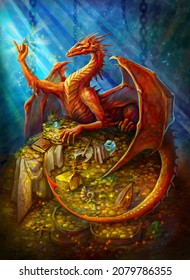 red dragon on a pile of gold, with a precious stone, basking in the rays of light