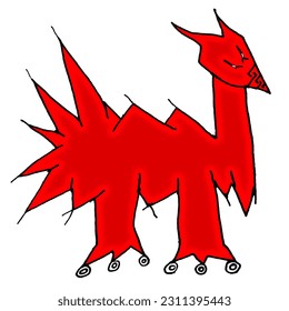 Red dragon toy and wheels sketchy style drawing isolated illustration