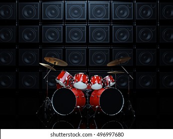 Red Drum Set In A Dark Room, On A Background Of Guitar Amps. 3D Render