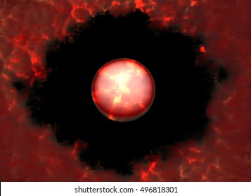 A Red Dwarf Planet Against A Black Sky As Seen Through Clouds Illuminated Red