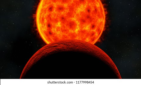 Red Dwarf Star Sun Before Eclipse Rocky Planet, 3d Render