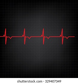 Red Ekg Line On Black Background, Heart Monitor,heart Rhythm Raster 