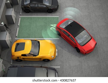 Red electric car driving into parking lot with parking assist system. 3D rendering image.