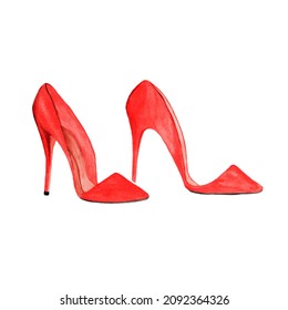 Red Elegant High-heeled Shoes, Watercolor Illustration Of Elegant Womens Shoes