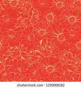 Red elegant seamless pattern with gold flowers (zinnia, camomile, gerbera, calendula, sunflower) for print, bedlinen, undergarment, textile.