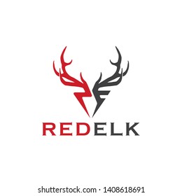 Red Elk,Letter R E and elk Horn Logo design inspiration