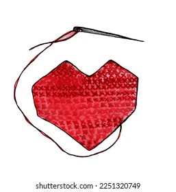 Red embroidered heart and needle   thread  Watercolor drawing white background
