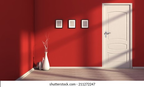 red empty interior with a white door