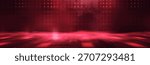 A red empty stage with spotlights and LEDs, red neon, and smoke. A red abstract neon background.