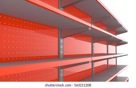 Red empty supermarket shelf from perspective. 3D rendering - Shutterstock ID 563211208