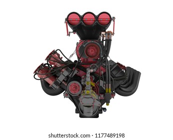 Red engine with supercharger front view 3d render on white background no shadow