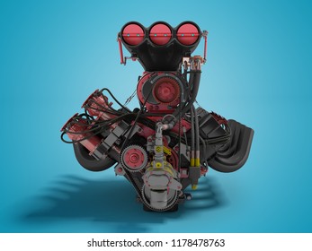 Red engine with supercharger front view 3d render on blue background with shadow
