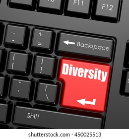 Red enter button on computer keyboard, Diversity word. Business concept, 3d rendering