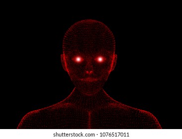 Red evil. Wireframe model with connection lines on black background, artificial intelligence in futuristic technology concept, 3d illustration
