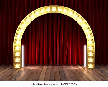 Red Fabric Curtain With Gold On Stage