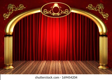 Red Fabric Curtain On Golden Stage