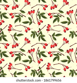 Red Fall Berries Vector Seamless Pattern. Floral Botanical Branch Background. Dog Rose Texture With Cartoon Color Icons. Cute Wild Rose Hip Simple Design Wrapping Paper, Wallpaper Design