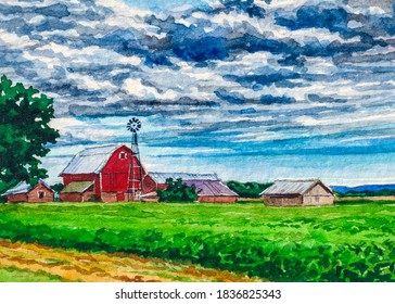 Red Farm Barn. Country Landscape. Watercolor Painting.