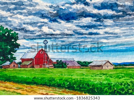 Red farm barn. Country landscape. Watercolor painting.