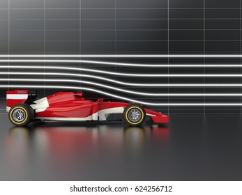 Red Fast Formula Racing Car In Wind Tunnel - 3D Illustration