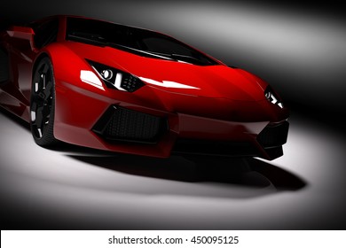 Red Fast Sports Car In Spotlight, Black Background. Shiny, New, Luxurious. 3D Rendering