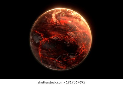 Red Fiery Planet With Lava Streams. 3D Illustration