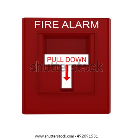 Red fire alarm switch with pull down lever isolated on white 3D illustration