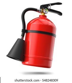 Red fire extinguisher in the air. 3D render isolated on white background.