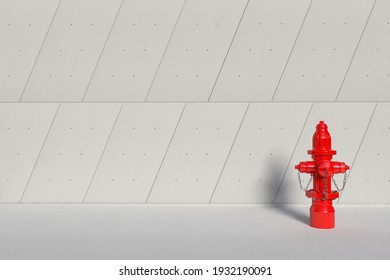 Red Fire Hydrant in front of Industrial Building Outside Panels Concrete Wall extreme closeup. 3d Rendering